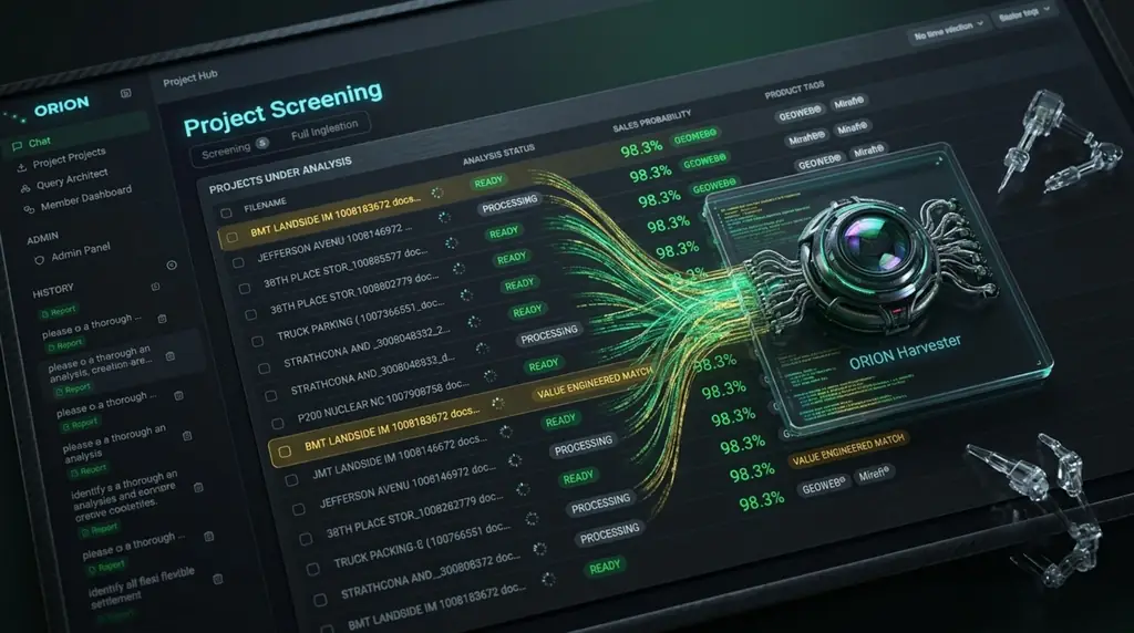Cinematic GAIA Civil project-screening concept showing analyzed project rows flowing into an intelligence harvester.